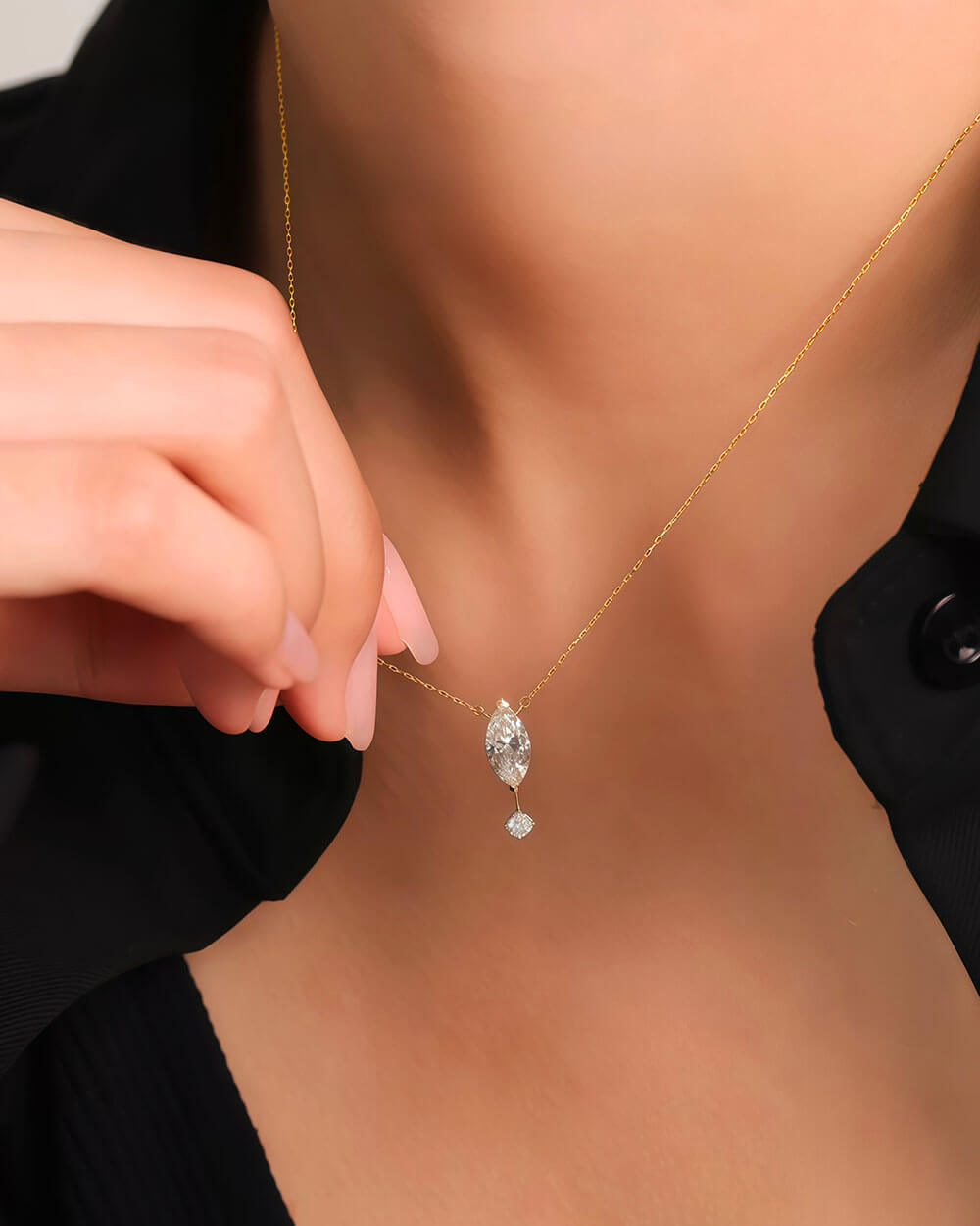 Stellar Drop – Marquise & Round Diamond Pendant Necklace
