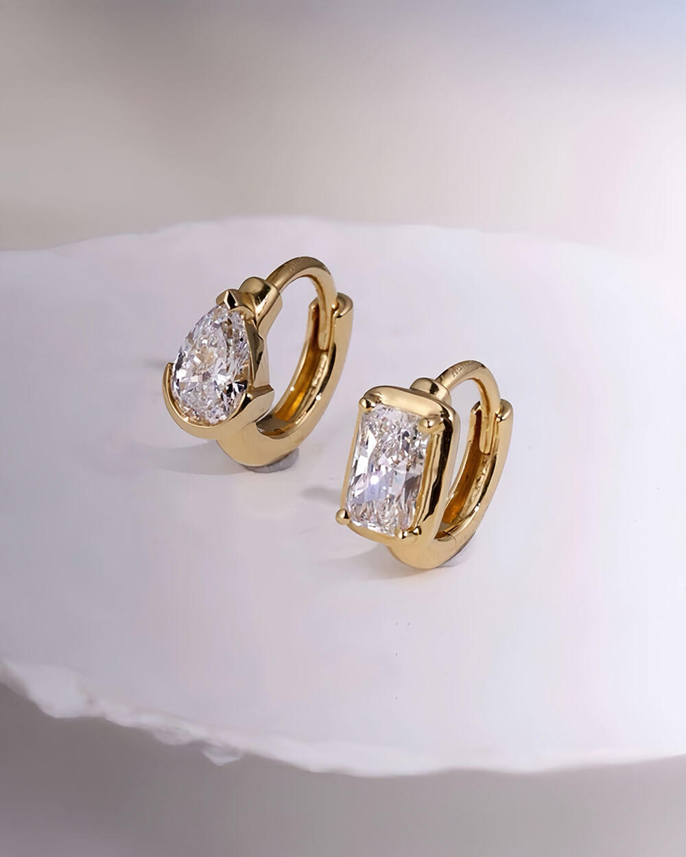 Dual Gleam – Pear & Radiant Diamond Huggie Earrings